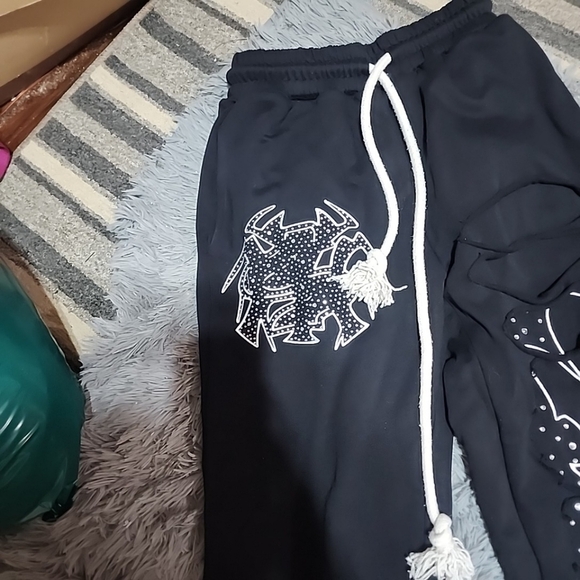 100% Cotton Rhinestone Crytal Wide Leg Pants French Terry Washed Mens Trackpsnts - Picture 8 of 10